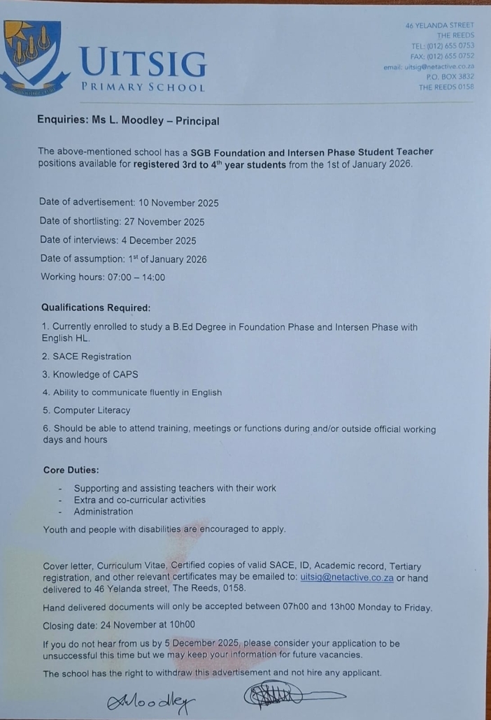 Foundation and Intersen Student Teacher positions available